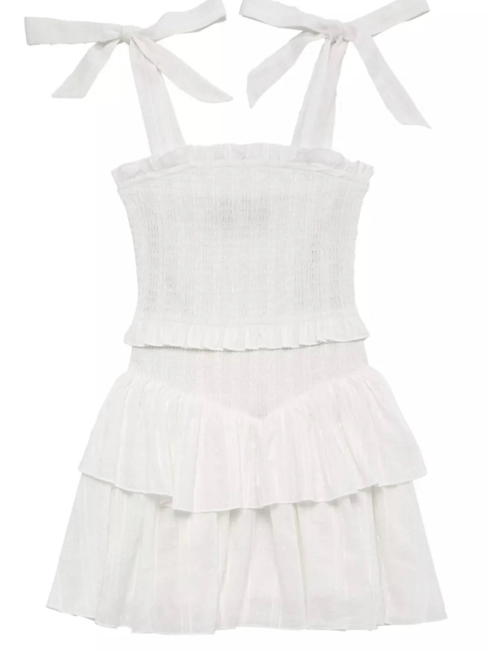 Katie J NYC Emerson White Smocked Tie-Shoulder Tiered Dress